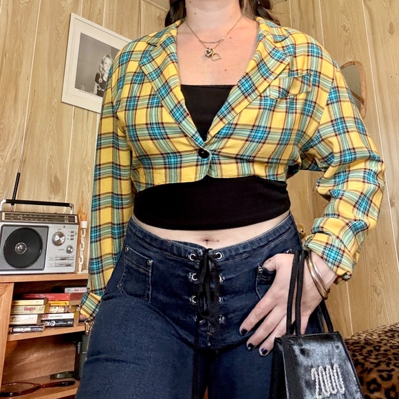 Vintage Medium Yellow Plaid Crop Blazer Top - Picture 1 of 10